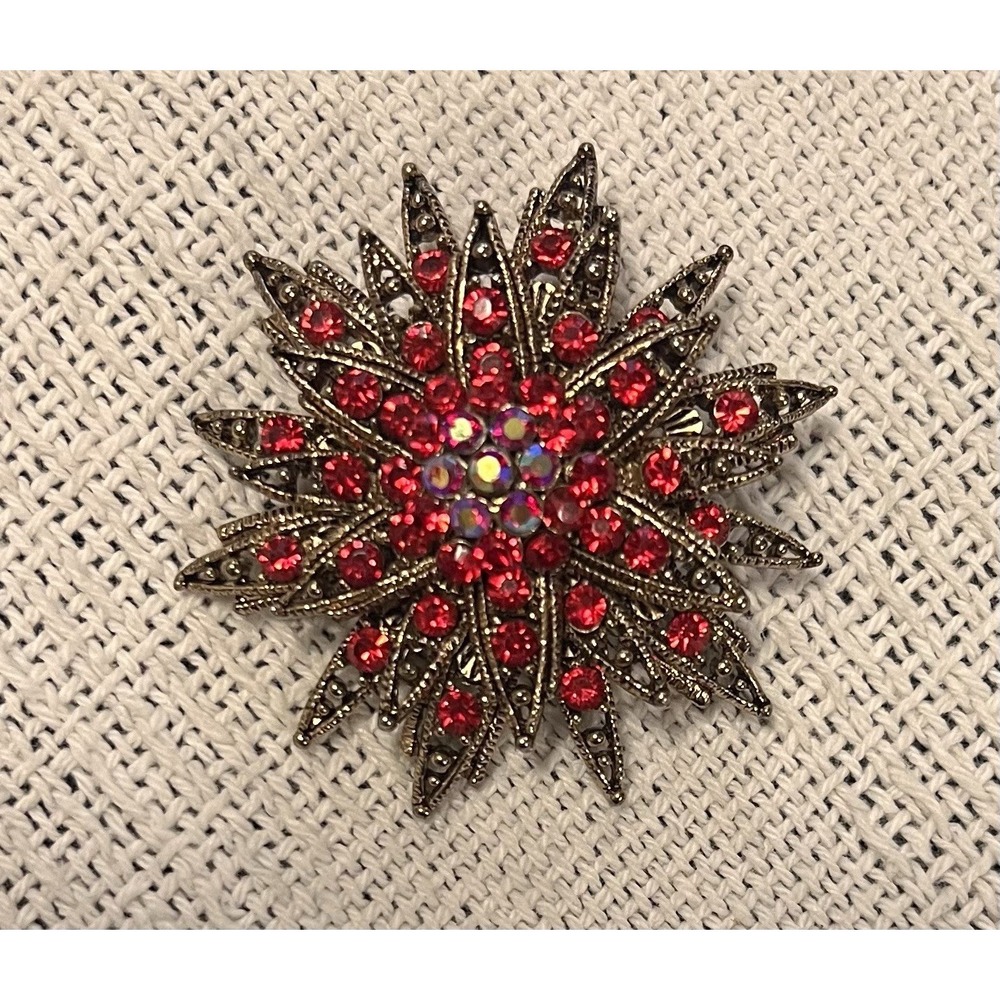 Vintage Rhinstone Starburst Brooch Red Cocktail MCM Art To Wear Unsigned
